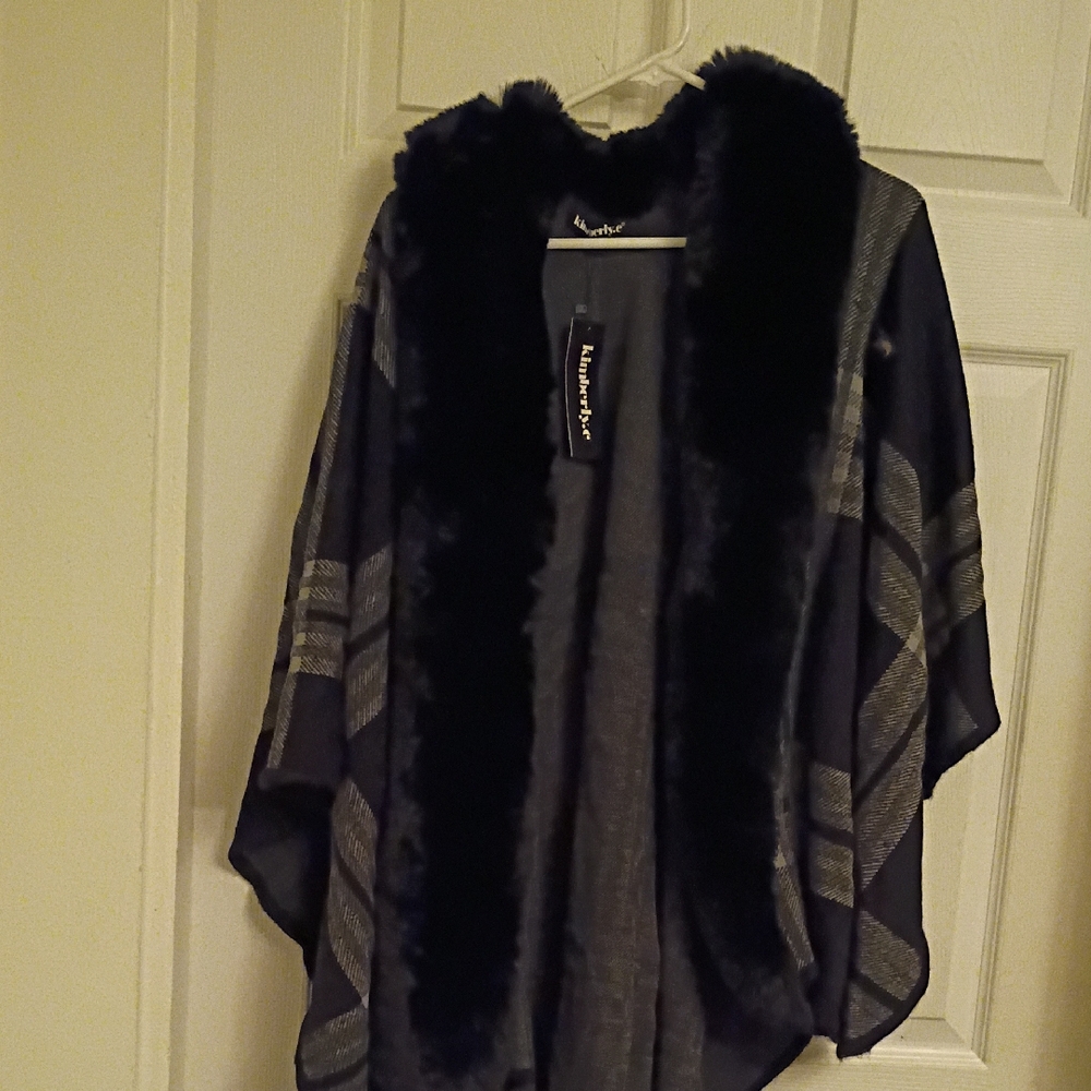 Black and Gray Faux Fur Trimmed Poncho